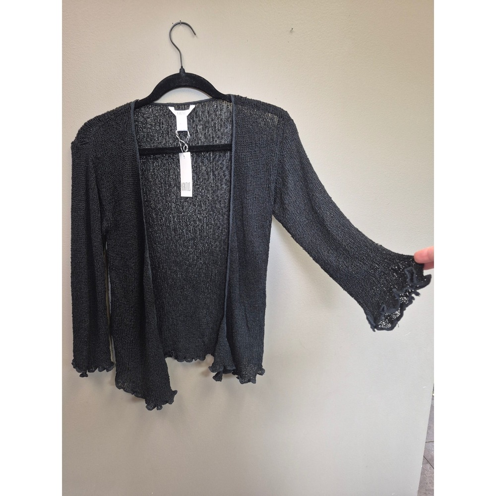 Kaktus Womens One Size Black Sheer Knit Cardigan Scallop Trim Lightweight New